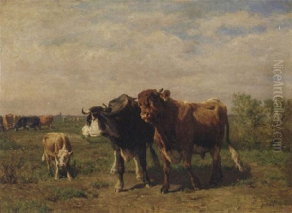 Cows In A Pasture Oil Painting by Johannes Hubertus Leonardus de Haas