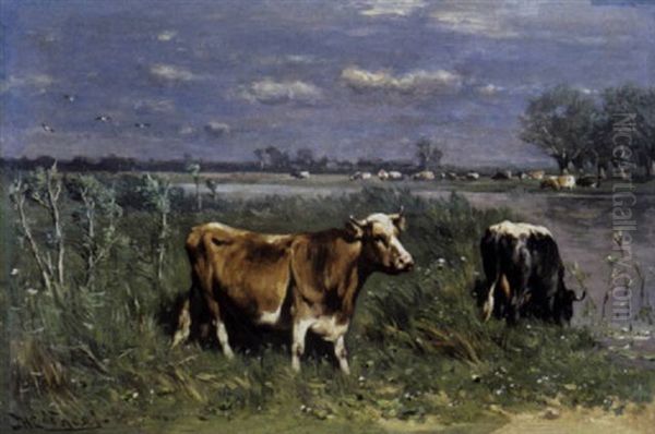 Koeien Aan De Oever Oil Painting by Johannes Hubertus Leonardus de Haas