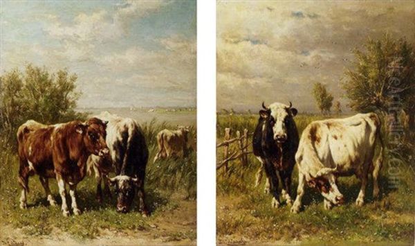 Cows In A Sunlit Riverlandscape Oil Painting by Johannes Hubertus Leonardus de Haas