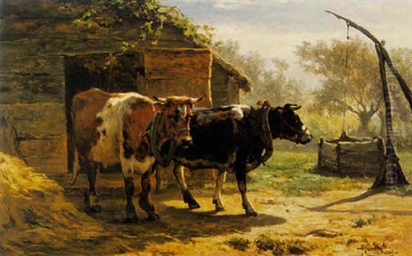 Cows By A Well Oil Painting by Johannes Hubertus Leonardus de Haas