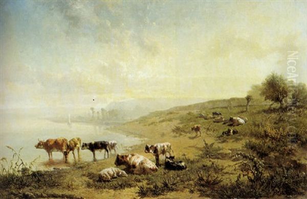 Koeien Aan De Drinkplaats Oil Painting by Johannes Hubertus Leonardus de Haas