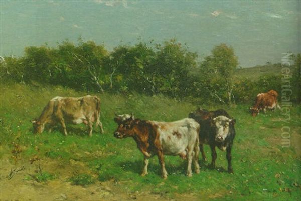 Cows In A Meadow Oil Painting by Johannes Hubertus Leonardus de Haas