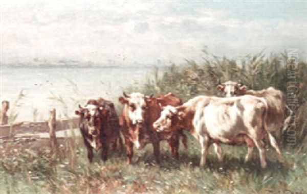 Grazing Cows Oil Painting by Johannes Hubertus Leonardus de Haas