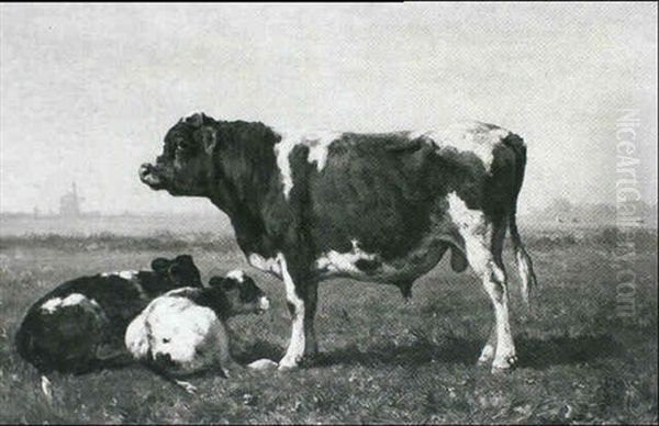 Bull With Two Calves In A Landscape Oil Painting by Johannes Hubertus Leonardus de Haas