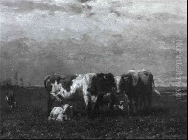 Weite Weidelandschaft Mit Stier, Kuh Und K,lbern Oil Painting by Johannes Hubertus Leonardus de Haas