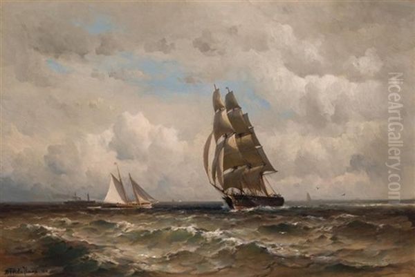 Brigantine, Schooner And Steamship At Sea Oil Painting by Mauritz Frederick Hendrick de Haas