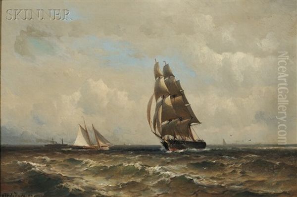 Brigantine, Schooner, And Steamship At Sea Oil Painting by Mauritz Frederick Hendrick de Haas