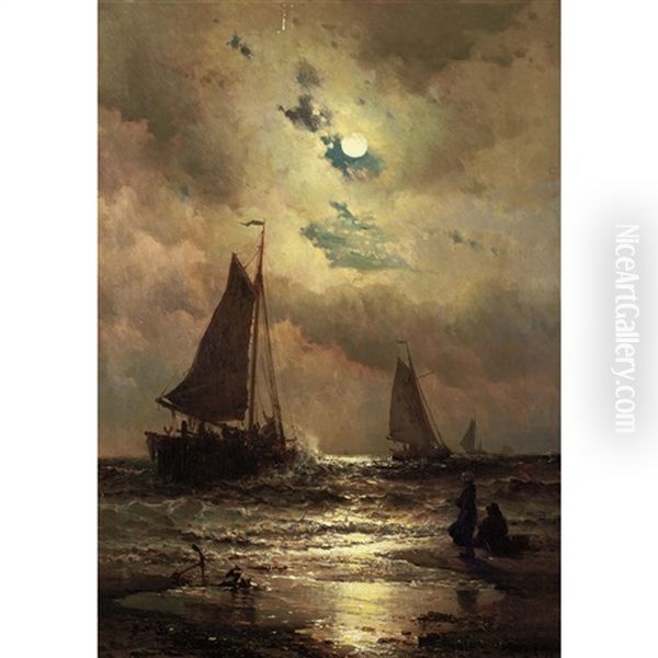 Sailboats By Moonlight by Mauritz Frederick Hendrick de Haas