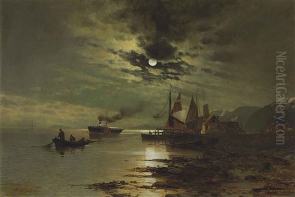 Hudson Under The Moonlight Oil Painting by Mauritz Frederick Hendrick de Haas