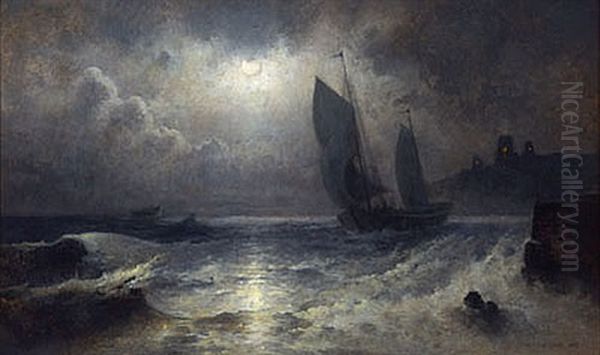 Sailboat Off A Moonlit Coast Oil Painting by Mauritz Frederick Hendrick de Haas