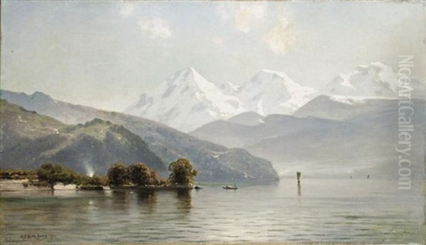 A View Of The Thunersee With The Eiger Mountains, Monch And Jungfrau Beyond, Switzerland Oil Painting by Mauritz Frederick Hendrick de Haas