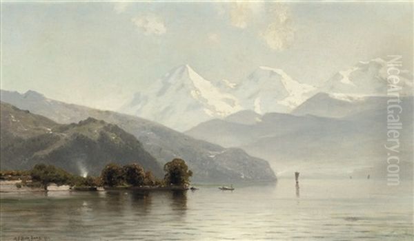 A View Of The Thunersee With The Mountains Eiger, Monch And Jungfrau Beyond, Switzerland Oil Painting by Mauritz Frederick Hendrick de Haas