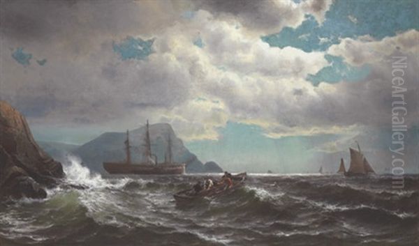 Lobstermen Off A Northeast Coast (maine?) With A Packet Ship And A Steam Tug In The Distance Oil Painting by Mauritz Frederick Hendrick de Haas