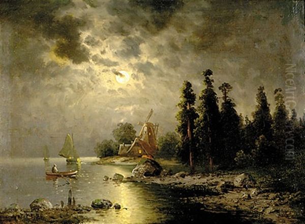 Moonlit Seascape Oil Painting by Mauritz Frederick Hendrick de Haas