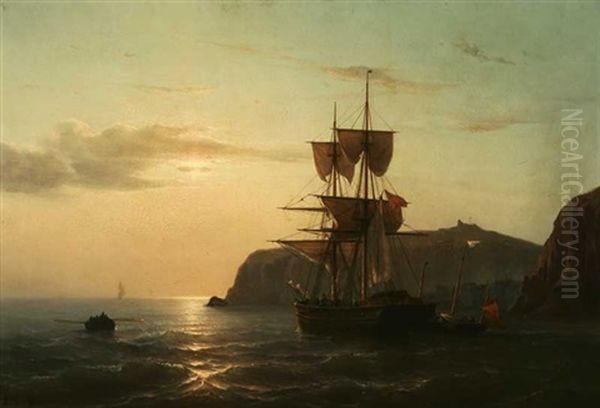 Ship And Long Boat Near A Harbor Entrance With Pilot Boat Astern Oil Painting by Mauritz Frederick Hendrick de Haas