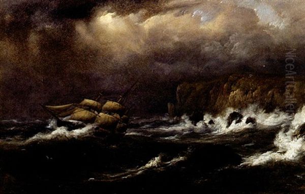 Ships On A Rocky Coast In Stormy Seas Oil Painting by Mauritz Frederick Hendrick de Haas