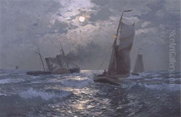 Ships In Moonlight Oil Painting by Mauritz Frederick Hendrick de Haas