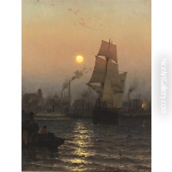 Shipping In Harbor By Moonlight Oil Painting by Mauritz Frederick Hendrick de Haas