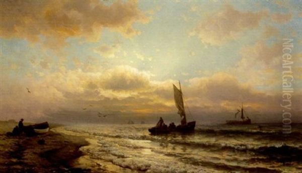 Fishermen At Sunset (montauk?) Oil Painting by Mauritz Frederick Hendrick de Haas