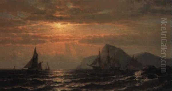 Sailing Vessels Off A Rocky Coast At Sunset Oil Painting by Mauritz Frederick Hendrick de Haas