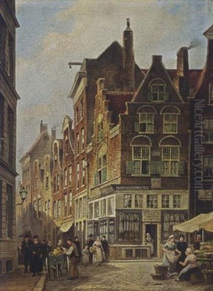 Townsfolk In The Streets Of Amsterdam Oil Painting by Willem de Haas-Hemken