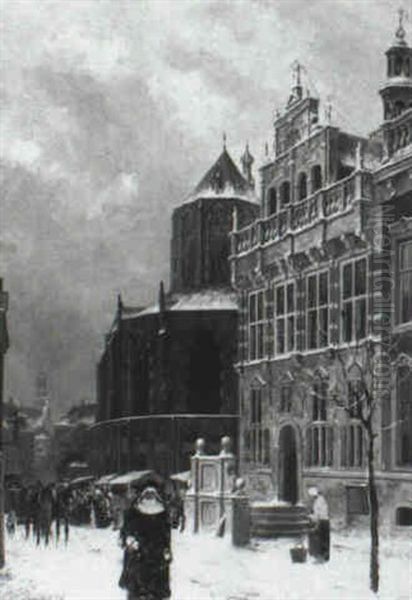 Gezicht Op Het Haagse Stadhuis Aan De Groenplaats Oil Painting by Willem de Haas-Hemken