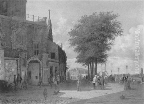 A View Of The Groothoofdspoort, Dordrecht, With Townsfolk On A Quay Oil Painting by Willem de Haas-Hemken