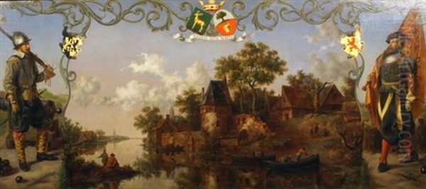 Two Warriors Flanking A 17th Century Landscape Topped With The Text Spreuk 'expecto Meum Tempus' Oil Painting by Pieter Alardus Haaxman