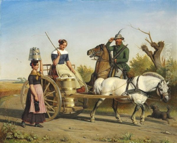 The Hunter Greets The Milkmaids Driving Home From The Market Oil Painting by Nicolai Francois Habbe