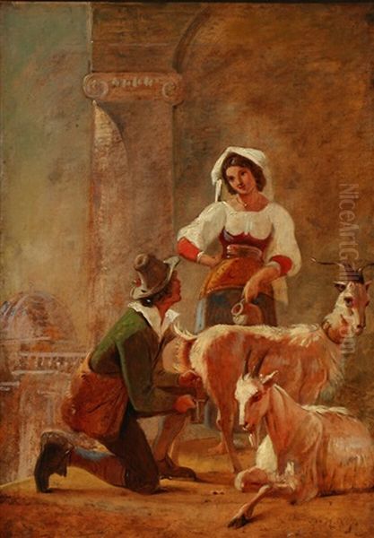 Roman Scenery With Two People Milking The Goats Oil Painting by Nicolai Francois Habbe