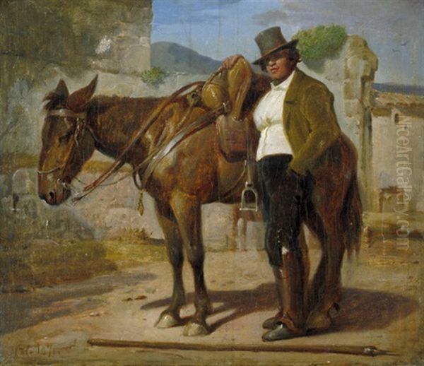 Cicerone Mit Zylinder, Lanze Und Pferd Oil Painting by Nicolai Francois Habbe