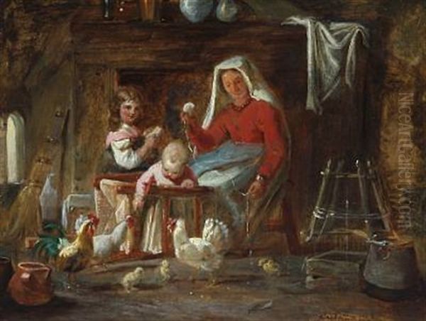 Interior With Italian Woman And Children Playing With Chickens Oil Painting by Nicolai Francois Habbe