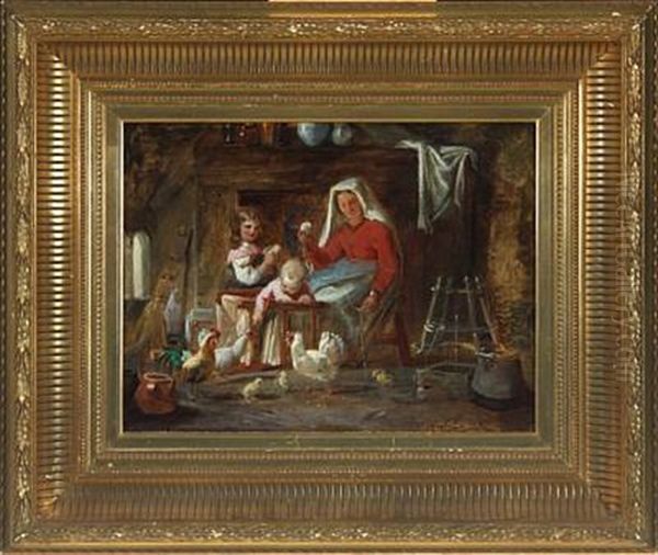 Interior With Italian Woman And Children Playing With Chickens Oil Painting by Nicolai Francois Habbe