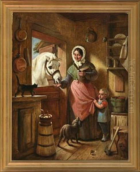 Scullery With Mother And Child Feeding A Horse Oil Painting by Nicolai Francois Habbe