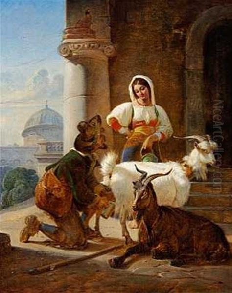 Parti Fra Italien Med Ungt Par Og Geder Oil Painting by Nicolai Francois Habbe