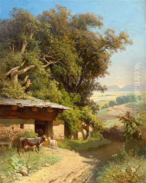 A Summer Landscape With A Cowshed And Animals by Sebastian Habenschaden