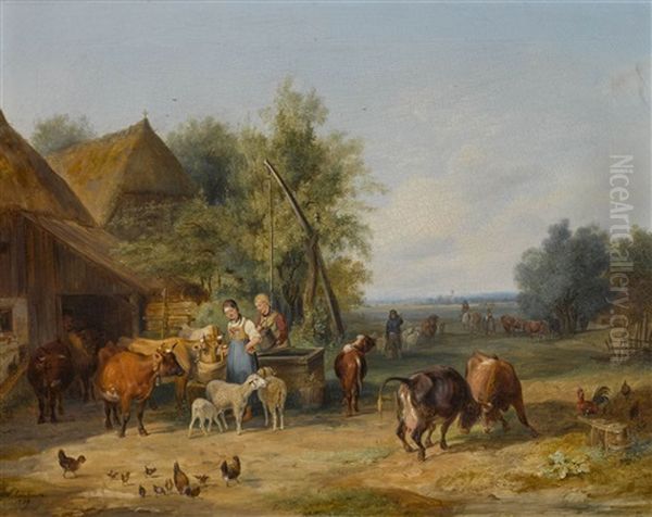 Zwei Magde Mit Vieh Am Brunnen Vor Dem Bauernhaus Oil Painting by Sebastian Habenschaden