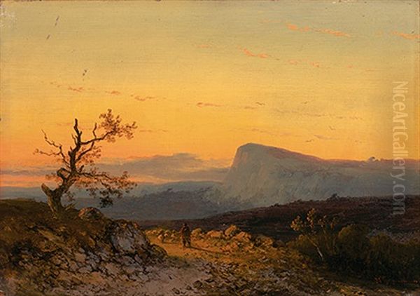 Abendlandschaft Mit Schafherde Auf Dem Heimweg Oil Painting by Sebastian Habenschaden