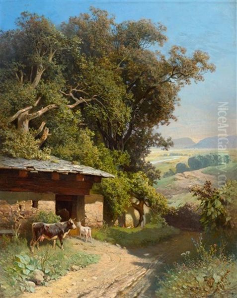 Sommerliche Landschaft Mit Einem Viehstall Und Tieren Oil Painting by Sebastian Habenschaden