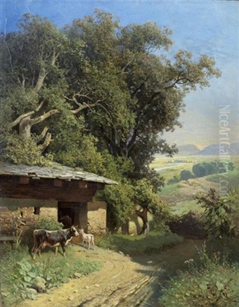 Landschaft Mit Stall Und Weg Oil Painting by Sebastian Habenschaden