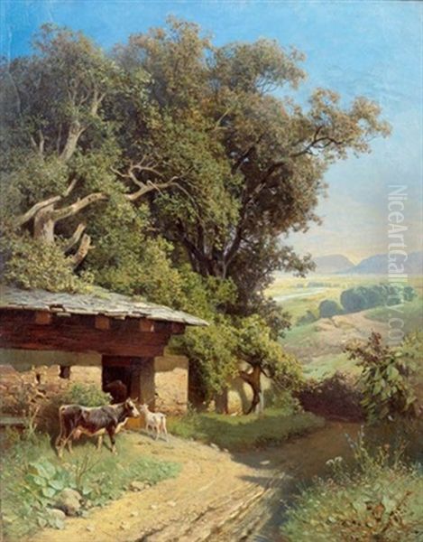 Landschaft Mit Stall Und Weg Oil Painting by Sebastian Habenschaden