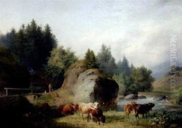 Kuhe Und Ziegen Am Ufer Eines Felsgesaumten Flusses Oil Painting by Sebastian Habenschaden