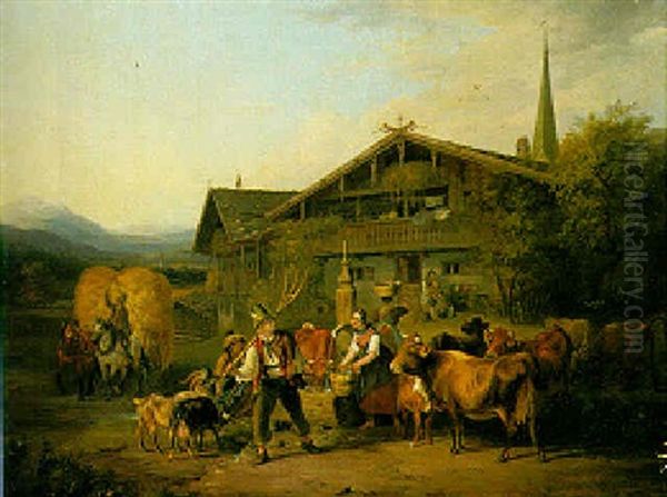 Bauern Mit Vieh Vor Dem Hausbrunnen Oil Painting by Sebastian Habenschaden