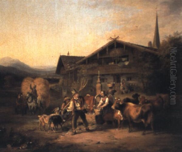 Bauern Mit Vieh Vor Dem Hausbrunnen Oil Painting by Sebastian Habenschaden