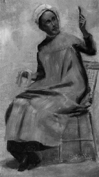 Seated Woman Polishing A Spoon Oil Painting by John Haberle