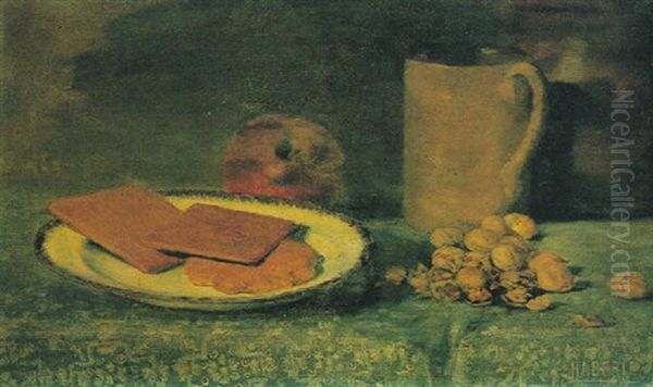 Still Life With Crackers, Nutsapple And Pitcher Oil Painting by John Haberle