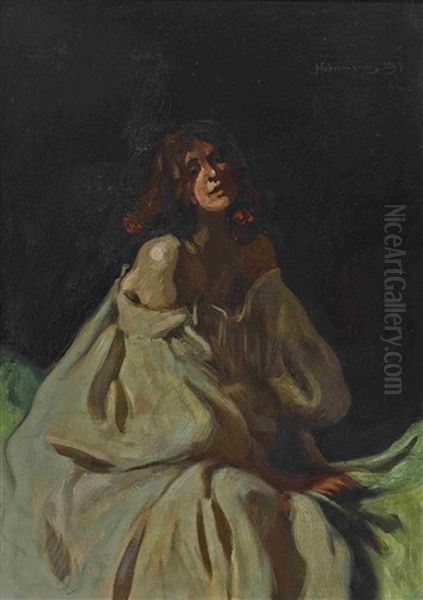 Dame Im Weisen Kleid Oil Painting by Hugo von Habermann the Elder