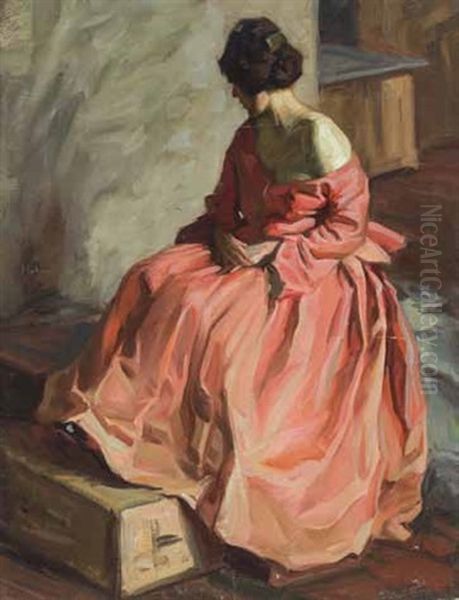 Madchen In Rotem Kleid Oil Painting by Hugo von Habermann the Elder