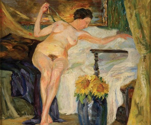 Reclining Nude With Sunflowers Oil Painting by Hugo von Habermann the Elder