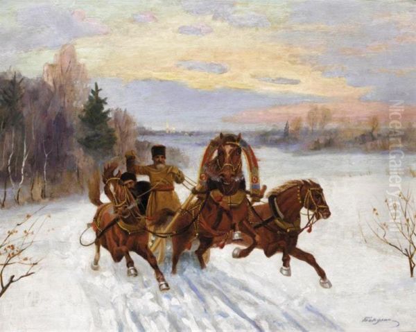 A Russian Troika Oil Painting by Nikolai Bakulin